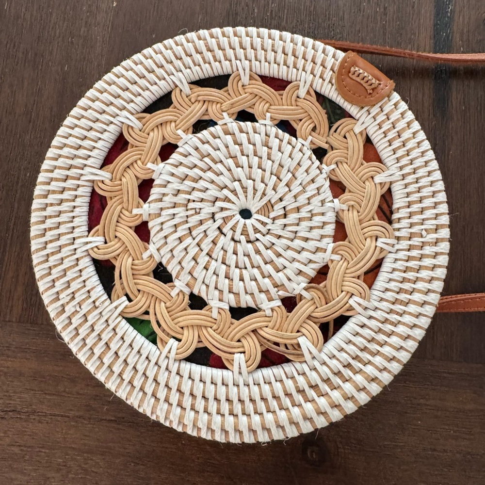 Round Woven Straw Bag with Tan Accents